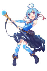 Rule 34 | 1girl, :d, ahoge, aizu izumi, bad id, bad pixiv id, belt, blue footwear, blue hair, blue skirt, blue thighhighs, book, boots, breasts, full body, hair ribbon, high heel boots, high heels, highres, holding, holding staff, looking at viewer, nishino eri, open mouth, original, purple eyes, red ribbon, ribbon, short hair, skirt, small breasts, smile, solo, staff, standing, thighhighs