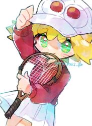 Rule 34 | 1girl, adjusting clothes, adjusting headwear, amitie (puyopuyo), blonde hair, closed mouth, commentary, doradorakingyo, green eyes, holding tennis racket, jacket, long sleeves, looking at viewer, puyopuyo, puyopuyo fever, puyopuyo quest, red jacket, short hair, skirt, smile, solo, symbol-only commentary, track jacket, twitter username, white background, white headwear, white skirt