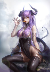 Rule 34 | 1girl, arm support, armlet, bare shoulders, black leotard, black pantyhose, black thighhighs, breastless clothes, breasts, candy, cloud, cloudy sky, coldrim, covered navel, day, demon girl, demon horns, demon tail, demon wings, food, hair censor, hair over breasts, highleg, highleg leotard, holding, holding food, horns, jewelry, lens flare, leotard, light purple hair, lollipop, long hair, looking at viewer, medium breasts, open mouth, original, pantyhose, revealing clothes, ring, sitting, sky, slit pupils, solo, tail, thighhighs, thumb ring, wings, yellow eyes