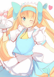 Rule 34 | 1girl, alternate costume, apron, blazblue, blonde hair, blue eyes, blush, bow, cup, daiaru, drinking glass, frills, grin, hair bow, hairband, heart, heart-shaped pupils, long hair, maid headdress, one eye closed, platinum the trinity, sketch, smile, solo, symbol-shaped pupils, tray, twintails, waitress, wink