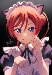 Rule 34 | 1girl, alternate costume, animal ears, apron, black background, black dress, black ribbon, blue eyes, cat ears, commentary request, dress, enmaided, fake animal ears, hair between eyes, hair bun, happy birthday, highres, long hair, looking at viewer, love live!, love live! superstar!!, maid, maid headdress, neck ribbon, paw pose, red hair, ribbon, short sleeves, signature, single side bun, smile, solo, upper body, white apron, yatoroku, yoneme mei