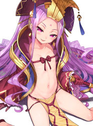 Rule 34 | 1girl, assassin of the nocturnal castle, breasts, collarbone, fang, fate/grand order, fate (series), gloves, gold trim, half-closed eyes, long hair, looking at viewer, matanonki, navel, no panties, pelvic curtain, purple eyes, purple hair, red gloves, red ribbon, ribbon, simple background, sitting, small breasts, smile, solo, stomach, twintails, very long hair, white background, wide sleeves, wu zetian (fate)