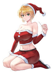 Rule 34 | 1girl, absurdres, agent aika, aika (series), boots, breasts, christmas, cleavage, collarbone, commentary request, earrings, full body, hand up, hat, highres, holding, jewelry, large breasts, medium breasts, navel, santa boots, santa costume, santa hat, seiza, sitting, skirt, sumeragi aika, thighs, white (user gpgw2383)