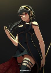 Rule 34 | 1girl, absurdres, bare shoulders, black dress, black hair, blood, blood on arm, blood on clothes, blood on face, blush, breasts, closed mouth, cowboy shot, dagger, dress, hairband, highres, holding, holding dagger, holding knife, holding weapon, horang4628, knife, long hair, looking at viewer, red eyes, smile, solo, spy x family, standing, stiletto (weapon), thighhighs, weapon, yor briar