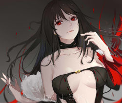 Rule 34 | 1girl, bare shoulders, black dress, breasts, breasts apart, brown hair, center opening, choker, cleavage, collarbone, dress, earrings, fate/grand order, fate (series), fur trim, highres, jacket, jewelry, long hair, looking at viewer, medium breasts, parted lips, pink lips, red eyes, revealing clothes, smile, solo, strapless, strapless dress, user mndk2434, yu mei-ren (fate)