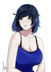 Rule 34 | 1girl, absurdres, black hair, blue camisole, blue hair, breasts, camisole, cleavage, diagonal bangs, fumifuzuka seto, genshin impact, green eyes, highres, large breasts, mole, mole on breast, parted lips, purple lips, short hair, signature, simple background, solo, upper body, white background, yelan (genshin impact)