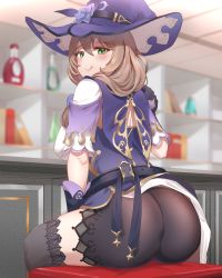 Rule 34 | 1girl, ass, back, blush, breasts, brown hair, capelet, chair, come hither, from behind, genshin impact, gloves, green eyes, hat, highres, huge ass, large breasts, lisa (genshin impact), long hair, looking at viewer, looking back, naughty face, pharamacom, purple capelet, purple hat, shiny clothes, shorts, sideboob, sitting, smile, solo, thighhighs, tongue, tongue out, witch hat