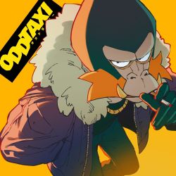 Rule 34 | abry take, animal, blue pants, cigarette, dobu (odd taxi), fur collar, fur jacket, furry, furry male, hand in pocket, highres, holding, holding cigarette, jacket, jewelry, looking at viewer, odd taxi, open clothes, open jacket, orange background, orange theme, pants, purple jacket