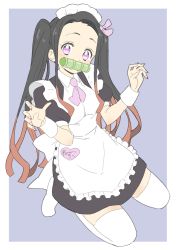 Rule 34 | 1girl, absurdres, alternate costume, apron, black dress, black hair, bow, bowtie, brown hair, donguri suzume, dress, enmaided, fingernails, hair bow, hands up, heart, highres, kamado nezuko, kimetsu no yaiba, kneeling, looking at viewer, maid, maid apron, mouth hold, multicolored hair, nail polish, pink bow, pink bowtie, puffy short sleeves, puffy sleeves, purple background, purple eyes, red nails, short sleeves, simple background, solo, thighhighs, twintails, two-tone hair, white apron, white thighhighs, wrist cuffs