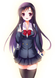 Rule 34 | 1girl, :d, bag, black thighhighs, blue jacket, blue skirt, bow, bowtie, collarbone, floating hair, holding, holding bag, jacket, katsura kotonoha, long hair, long sleeves, looking at viewer, miniskirt, open mouth, pleated skirt, purple eyes, purple hair, red bow, red bowtie, sailor collar, school bag, school days, school uniform, shiny clothes, simple background, skirt, smile, solo, standing, thighhighs, very long hair, white background, white sailor collar, yumeiro hanabi, zettai ryouiki