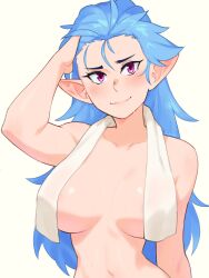 Rule 34 | 1girl, arm up, artist name, blue hair, blush, breasts, closed mouth, collarbone, commentary, english commentary, hair between eyes, hand in own hair, highres, large breasts, long hair, looking at viewer, navel, nude, original, pink eyes, pointy ears, rob ishi, shiny skin, simple background, smile, solo, towel, towel around neck, upper body, wavy mouth, white background