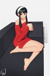 Rule 34 | 1girl, absurdres, ass, bare shoulders, barefoot, black hair, breasts, censored, censored feet, closed mouth, collarbone, commentary, couch, cup, dangle earrings, earrings, eyelashes, feet, full body, grey background, hairband, hand up, highres, holding, holding cup, jewelry, knees together feet apart, l4wless, large breasts, legs, long sleeves, looking at viewer, no pants, off-shoulder sweater, off shoulder, on couch, red eyes, red sweater, short hair with long locks, sidelocks, signature, simple background, sitting, smile, soles, solo, spy x family, sweater, toes, underwear, white hairband, yor briar