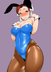 Rule 34 | 1girl, animal ears, bad id, bad pixiv id, bare shoulders, blush, breasts, brown hair, capcom, chun-li, covered navel, cuff links, curvy, fake animal ears, highres, leotard, looking down, md5 mismatch, ojo (dfreak), pantyhose, playboy bunny, purple background, rabbit ears, red eyes, short hair, simple background, solo, street fighter, sweatdrop, thick thighs, thighs
