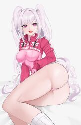 Rule 34 | 1girl, :d, absurdres, alice (nikke), ass, breasts, cropped jacket, gloves, goddess of victory: nikke, grey hair, highres, jacket, leotard, long hair, lying, medium breasts, on side, open mouth, pink eyes, pink gloves, pink leotard, red jacket, sae illust, sidelocks, sitting, smile, socks, solo, twintails, white socks