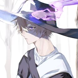 Rule 34 | 1boy, abstract background, amn ic01, black hat, blonde hair, closed mouth, expressionless, fire, hair between eyes, hat, heterochromia, highres, looking at viewer, male focus, purple eyes, purple fire, shirt, short hair, sinsekai studio, solo, tobia (sinsekai), tree, upper body, virtual youtuber, white background, white eyes, white shirt, wide brim