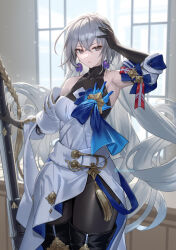 Rule 34 | 1girl, armpits, bare shoulders, black footwear, black gloves, boots, breasts, bronya rand, closed mouth, commentary request, cowboy shot, crossed bangs, cuboon, earrings, elbow gloves, gloves, grey eyes, grey hair, hand on own head, honkai: star rail, honkai (series), jewelry, large breasts, long hair, looking at viewer, solo, thigh boots, thighs, twitter username, very long hair, window