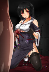 Rule 34 | 1girl, anal beads, black hair, black skirt, black thighhighs, breast lift, breasts, collar, dildo, dress, gloves, highres, kneeling, large breasts, long dress, long hair, long skirt, midnight (banyex), open mouth, original, paizuri, penis, precum, pussy juice, red eyes, saliva, saliva trail, sex toy, skirt, solo focus, thighhighs, tongue, tongue out, uncensored, underboob, witch