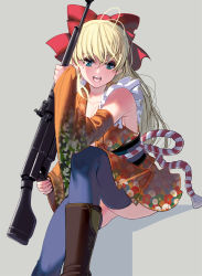 Rule 34 | 1girl, antenna hair, blonde hair, blue eyes, blue thighhighs, boots, bow, breasts, commentary request, cowboy boots, detached sleeves, food, fruit, grey background, gun, hair bow, highres, holding, holding gun, holding weapon, invisible chair, japanese clothes, kimono, kouno (masao), looking at viewer, medium breasts, mole, mole under eye, obi, open mouth, orange (fruit), orange kimono, orange slice, original, over shoulder, red bow, revision, rifle, rope, sash, shimenawa, simple background, sitting, solo, thighhighs, thighs, weapon, weapon over shoulder, weapon request, wide sleeves