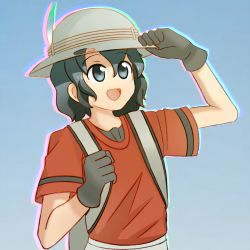 Rule 34 | 10s, :d, backpack, bag, black gloves, blue eyes, blue hair, bucket hat, gloves, gradient ray, hand on headwear, hat, hat feather, kaban (kemono friends), kemono friends, open mouth, red shirt, shirt, smile