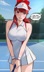 Rule 34 | 1girl, bare shoulders, blurry, blurry background, breasts, collared dress, commentary, dress, english commentary, english text, hat, highres, holding tennis racket, large breasts, lepypepy, long hair, looking at viewer, paid reward available, parted lips, persona, persona 5, persona 5 the royal, ponytail, racket, red eyes, red hair, sleeveless, smile, solo, speech bubble, sportswear, sweat, tennis, tennis court, tennis dress, tennis net, tennis racket, tennis uniform, visor cap, white hat, white wristband, yoshizawa kasumi