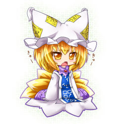 Rule 34 | 1girl, animal ears, animal hat, blonde hair, chibi, dress, fang, fox ears, fox tail, hat, hat with ears, kazami karasu, long sleeves, looking at viewer, mob cap, multiple girls, multiple tails, open mouth, oversized clothes, mob cap, sleeves past wrists, solo, tabard, tail, touhou, white dress, wide sleeves, yakumo ran, yellow eyes