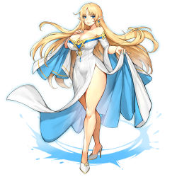 Rule 34 | 1girl, bare legs, bare shoulders, blonde hair, blue eyes, breasts, cleavage, commentary, detached sleeves, dress, earrings, elf, english commentary, full body, gurimjang, high heels, highres, impossible clothes, impossible dress, jewelry, large breasts, crossed legs, long dress, long hair, long legs, nail polish, narrow waist, off-shoulder dress, off shoulder, original, pointy ears, revision, side slit, skirt hold, solo, standing, tachi-e, thighs, white dress, wide sleeves