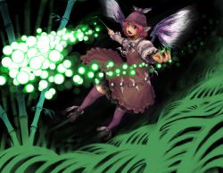 Rule 34 | 1girl, animal ears, artist request, bad id, bad pixiv id, bamboo, bamboo forest, claws, danmaku, dark, dress, female focus, fingernails, flying, foreshortening, forest, green nails, green theme, hat, kasu, leaf, light particles, long fingernails, long sleeves, mystia lorelei, nail, nail polish, nature, night, open mouth, outstretched arms, pink hair, purple eyes, ribbon, shoes, solo, spread arms, thighhighs, touhou, winged footwear, wings