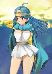 Rule 34 | 1girl, blue hair, breasts, cape, circlet, closed mouth, dragon quest, dragon quest iii, dress, elbow gloves, gloves, highres, long hair, medium breasts, muramasa mikado, panties, red eyes, sage (dq3), skirt, smile, solo, staff, underwear, white panties