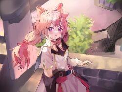 Rule 34 | + +, 1girl, absurdres, encore (wuthering waves), balcony, belt pouch, braid, cape, dress, hair between eyes, hair ornament, highres, kuesu, looking at viewer, open mouth, outdoors, pink hair, pouch, purple eyes, ribbon, solo, standing, tree, twin braids, wuthering waves