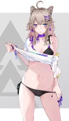 Rule 34 | 1girl, aa-12 (girls&#039; frontline), aa-12 (smokeless lollipop) (girls&#039; frontline), ahoge, bikini, bikini tug, bikini under clothes, black bikini, blonde hair, blue eyes, blush, breasts, candy, choker, clothes lift, clothes pull, collarbone, cone hair bun, contrapposto, expressionless, fluegel (kaleido scope-710), food, girls&#039; frontline, grey background, hair bun, highres, lifting own clothes, lollipop, medium breasts, nail polish, navel, off shoulder, shirt lift, shirt pull, side-tie bikini bottom, solo, swimsuit