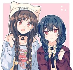 Rule 34 | 2girls, beanie, blue sweater, blush, bow, braid, brown eyes, brown hair, choker, closed mouth, commentary, english text, food, fruit, hair bobbles, hair ornament, hairclip, hat, highres, idolmaster, idolmaster shiny colors, jacket, long hair, long sleeves, looking at viewer, low twin braids, matching hairstyle, medium hair, migolu, morino rinze, multiple girls, off shoulder, pink background, print shirt, red eyes, red jacket, shirt, simple background, smile, sonoda chiyoko, strawberry, sweater, symbol-only commentary, twin braids, upper body, white bow, white headwear