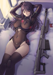 Rule 34 | 1girl, absurdres, anti-materiel rifle, barrett m82, black leotard, breasts, closed mouth, condom, condom wrapper, covered navel, garter straps, gun, highres, kuromori (1010845110), large breasts, leotard, long hair, lying, on back, original, purple hair, red eyes, rifle, sniper rifle, solo, thighhighs, thighs, weapon
