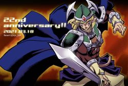 Rule 34 | 1boy, anniversary, armor, artist name, blonde hair, blue cape, cape, celtic guardian, commentary request, covered abs, duel monster, facial mark, holding, holding sword, holding weapon, looking at viewer, male focus, open mouth, orange eyes, pants, pointy ears, shoulder armor, solo, soya (sys ygo), sword, teeth, weapon, yellow pants, yu-gi-oh!
