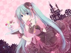 Rule 34 | 1girl, akitsuki ria, aqua eyes, aqua hair, bad id, bad pixiv id, bare shoulders, checkered background, dress, dutch angle, female focus, flower, frilled dress, frills, gloves, hat, hat ribbon, hatsune miku, long hair, looking at viewer, nature, outdoors, parfait, plant, ribbon, smile, solo, spoon, tray, twintails, very long hair, vocaloid