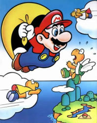 Rule 34 | 1990s (style), blue eyes, brown hair, cape, cape mario, cloud, flying, hat, koopa paratroopa, koopa troopa, land, lowres, male focus, mario, mario (series), mountain, nintendo, ocean, official art, overalls, retro artstyle, super koopa, super mario bros. 1, super mario world, surprised, water