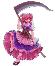 Rule 34 | 1girl, apron, breasts, cleavage, dress, frills, full body, furorida, hair bobbles, hair ornament, highres, leg up, medium breasts, obi, onozuka komachi, open mouth, puffy sleeves, red eyes, red hair, sandals, sash, scythe, short sleeves, simple background, smile, socks, solo, standing, standing on one leg, touhou, twintails, two side up, waist apron, white background