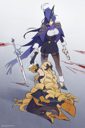 Rule 34 | 2girls, atram, black bow, black dress, black pantyhose, black sleeves, blonde hair, blood on ground, blue cape, bow, bowtie, breasts, cape, clorinde (genshin impact), closed eyes, closed mouth, commentary, detached sleeves, dress, drill hair, english commentary, genshin impact, gloves, gradient background, grey background, gun, hair bow, handgun, hat feather, high heels, highres, holding, holding gun, holding weapon, large breasts, long hair, multiple girls, navia (genshin impact), pantyhose, planted, planted sword, planted weapon, purple bow, purple bowtie, purple hair, purple headwear, shadow, shirt, standing, sword, twitter username, very long hair, weapon, white background, white footwear, white gloves, white shirt
