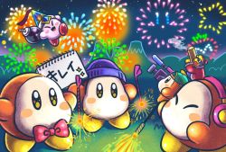 Rule 34 | 1boy, ^ ^, aerial fireworks, ammunition, backwards hat, baseball cap, beanie, blue headwear, blush stickers, bomb, bomb kirby, bow, bowtie, channel ppp, closed eyes, commentary request, copy ability, explosive, fireworks, green headwear, hat, headphones, jitome, king dedede, kirby, kirby (series), mountain, night, nintendo, no humans, official art, pointy hat, recording, red neckwear, senkou hanabi, shell (projectile), smile, smoke, sparkler, waddle dee