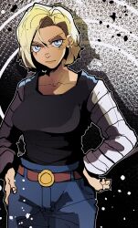 Rule 34 | 1girl, absurdres, android 18, belt, belt buckle, blonde hair, blue eyes, blush stickers, breasts, buckle, closed mouth, collarbone, cowboy shot, denim, dragon ball, dragonball z, drop shadow, earrings, eyelashes, film grain, fingernails, forehead, gold earrings, gradient background, hair between eyes, hands on own hips, head tilt, highres, isaacchief300, jeans, jewelry, large breasts, lips, long sleeves, looking at viewer, loose hair strand, outline, paint splatter, pants, parted hair, shirt, shirt tucked in, short hair, solo, sparkle, standing, striped sleeves, white outline