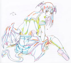 Rule 34 | 1girl, blood, blue skirt, closed mouth, colored pencil (medium), dated, demon girl, demon tail, demon wings, fangs, fangs out, graphite (medium), head wings, koakuma, long hair, looking at viewer, looking back, low wings, makicha (sasurainopink), pleated skirt, sailor collar, school uniform, serafuku, shirt, shoes, short sleeves, simple background, sitting, skirt, socks, solo, tail, touhou, traditional media, white background, wings, yellow shirt