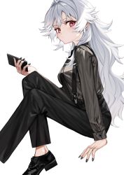 Rule 34 | 1girl, ahoge, black footwear, black nails, black pants, blush, closed mouth, dutch angle, grey shirt, highres, holding, holding phone, knees up, long hair, long sleeves, looking at viewer, luicent, nail polish, original, pants, phone, red eyes, shirt, shoes, silver hair, simple background, sitting, solo, suspenders, very long hair, white background