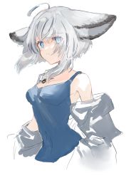 Rule 34 | 1girl, ahoge, animal ears, arknights, blue eyes, blue tank top, breasts, commentary, cropped torso, eyes visible through hair, fox ears, gawako, grey hair, highres, looking at viewer, material growth, medium hair, off shoulder, oripathy lesion (arknights), parted lips, simple background, sketch, small breasts, solo, sussurro (arknights), tank top, white background