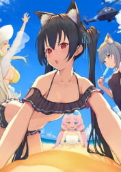 Rule 34 | 4girls, aircraft, animal ear fluff, animal ears, ayane (blue archive), bare shoulders, beach, bikini, black bikini, black hair, blue archive, blue eyes, blush, breasts, butt crack, cat ears, eyewear on head, frilled bikini, frills, hair ribbon, halo, helicopter, heterochromia, highres, hoshino (blue archive), hoshino (swimsuit) (blue archive), long hair, looking at viewer, multiple girls, nonomi (blue archive), nonomi (swimsuit) (blue archive), ocean, official alternate costume, outdoors, piisu, red eyes, ribbon, sand, serika (blue archive), serika (swimsuit) (blue archive), shiroko (blue archive), shiroko (swimsuit) (blue archive), small breasts, sunglasses, sweat, swimsuit, twintails, very long hair, yellow eyes