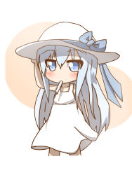 Rule 34 | 10s, 1girl, absurdres, arm behind back, bare shoulders, blue eyes, blue ribbon, dress, hair between eyes, hand on headwear, hat, hat ribbon, hibiki (kancolle), highres, holding, holding clothes, holding hat, idaten93, kantai collection, long hair, looking at viewer, mouth hold, ribbon, simple background, solo, sun hat, sundress, very long hair, white dress, white hair, white hat