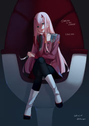 Rule 34 | 10s, 1girl, absurdres, armchair, black background, black pantyhose, blunt bangs, boots, buttons, chair, character name, coat, copyright name, crossed legs, darling in the franxx, dated, double-breasted, full body, green eyes, hairband, hand on own cheek, hand on own face, highres, holding, horns, knee boots, licking lips, lips, long hair, long sleeves, looking at viewer, military, military uniform, nana mikoto, necktie, orange necktie, pantyhose, pink hair, red coat, shaded face, sidelocks, simple background, sitting, solo, straight hair, tongue, tongue out, twitter username, uniform, unworn hairband, very long hair, white footwear, zero two (darling in the franxx)