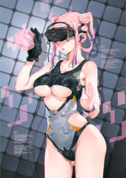 Rule 34 | 1girl, bare shoulders, black gloves, blue hair, breasts, collarbone, cowboy shot, double bun, gloves, gluteal fold, gradient hair, groin, hair bun, head-mounted display, highres, holographic interface, medium breasts, mhk (mechamania), multicolored hair, open mouth, original, parted lips, pink hair, purple hair, short hair with long locks, single glove, solo, standing, underboob, wire
