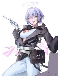 Rule 34 | 1girl, :d, absurdres, arknights, belt, belt pouch, black jacket, breasts, cleavage, cowboy shot, detached wings, earrings, energy wings, gloves, gun, halo, highres, holding, holding gun, holding weapon, jacket, jewelry, khrnnfz, large breasts, long sleeves, looking at viewer, open clothes, open jacket, open mouth, pants, pouch, purple eyes, purple hair, short hair, simple background, smile, solo, sports bra, spuria (arknights), teeth, upper teeth only, weapon, white background, white gloves, white pants, white sports bra, wings