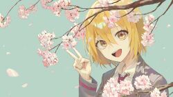Rule 34 | 1girl, absurdres, aqua background, blonde hair, cherry blossoms, coat, collared shirt, don quixote (project moon), grey coat, highres, limbus company, long sleeves, necktie, petals, project moon, red necktie, shirt, short hair, simple background, sinlu, solo, tomboy, upper body, v, white shirt, yellow eyes