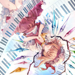 Rule 34 | 1girl, album cover, ascot, blonde hair, closed eyes, closed mouth, commentary request, cover, crystal, facing viewer, feet out of frame, flandre scarlet, frilled shirt collar, frills, hat, hat ribbon, hirai yuzuki, interlocked fingers, mob cap, musical note, own hands clasped, own hands together, petticoat, piano keys, puffy short sleeves, puffy sleeves, red ribbon, red skirt, red vest, ribbon, shirt, short hair, short sleeves, skirt, skirt set, smile, solo, touhou, upside-down, vest, white shirt, wings, yellow ascot