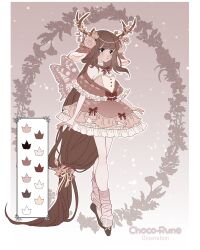 Rule 34 | 1girl, absurdly long hair, acorn hair ornament, adoptable, animal ears, antlers, artist name, autumn, autumn leaves, bare shoulders, black footwear, border, bow, bow skirt, bowtie, brown eyes, brown hair, butterfly wings, choco-rune, choker, color guide, commentary, deer antlers, deer ears, detached sleeves, english commentary, eyelashes, flower, footwear bow, frilled shawl, frilled shirt, frilled skirt, frills, gradient background, hair flower, hair ornament, hair ribbon, highres, horns, insect wings, layered sleeves, leaf hair ornament, light blush, long hair, low-tied long hair, mini wings, miniskirt, orange background, orange shirt, original, parted lips, pink bow, pink flower, pink leg warmers, pink rose, red bow, red bowtie, red shawl, red skirt, ribbon, rose, shawl, shirt, shoes, single detached sleeve, single sleeve, skirt, sleeveless, sleeveless shirt, sleeves past wrists, solo, two-tone shirt, very long hair, watermark, white border, white choker, white sleeves, wings, wreath, yellow ribbon, yellow shirt